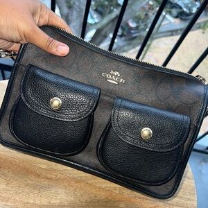 Coach Black/Brown Signature Double Pocket Crossbody